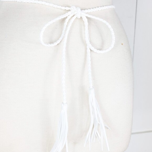 White braided faux suede rope chord fringe tassel tie belt - Picture 2 of 4